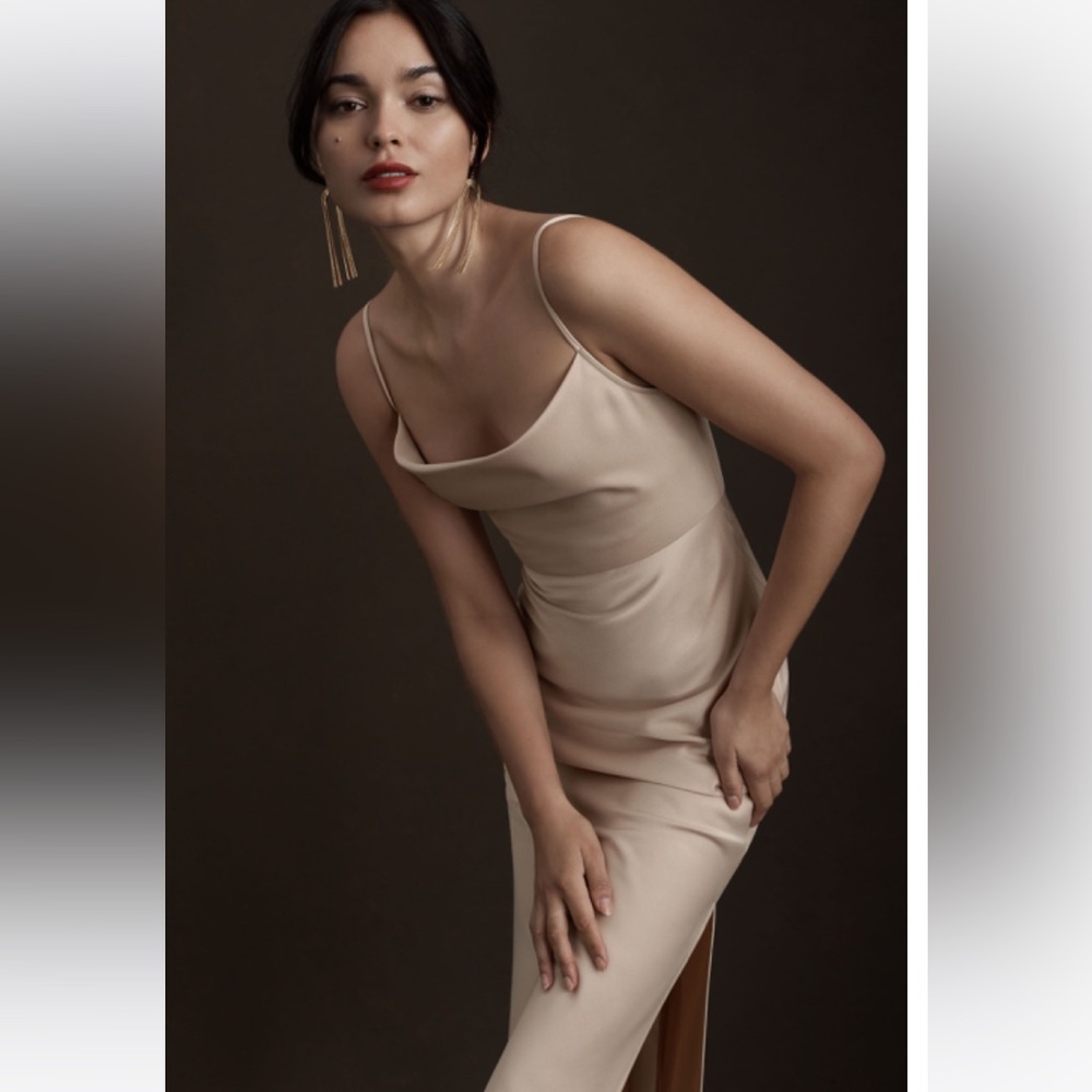 BHLDN Cali Satin Charmeuse Midi Dress in Oyster. Size 0